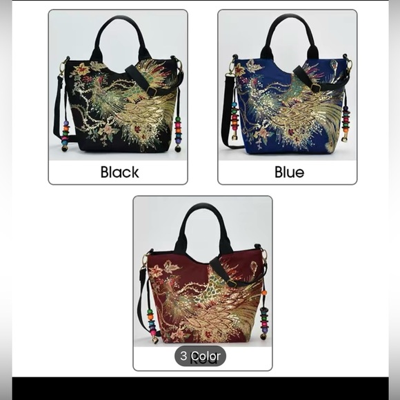 Red Embroidered Satchel, Double Handle Purse, Retro Style With Removable Strap - Picture 9 of 13